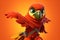 Petfluencers - The Parrot\\\'s Ninja Stance: A Long-Awaited Dream Fulfilled on Orange Background
