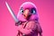 Petfluencers - The Parrot\\\'s Ninja Stance: A Long-Awaited Dream Fulfilled on Pink Background