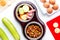 Petfood set with vegetables and eggs on kitchen table background