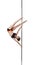 Petite dancer posing upside down on pole