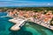 Petrcane village tourist destination coastline aerial panoramic view, Dalmatia region of Croatia. Aerial top view of village