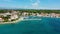 Petrcane village tourist destination coastline aerial panoramic view, Dalmatia region of Croatia. Aerial top view of village