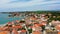 Petrcane village tourist destination coastline aerial panoramic view, Dalmatia region of Croatia. Aerial top view of village