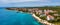 Petrcane village tourist destination coastline aerial panoramic view, Dalmatia region of Croatia. Aerial top view of village