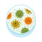 Petri dish with cartoon microbes