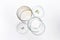 Petri dishes with cosmetic on white background. Top view  flat lay. Concept skincare. Dermatology science cosmetic laboratory.