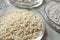 Petri dishes with different mineral fertilizers on table. Laboratory research