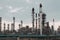 petrochemical complex, with towers and pipes stretching into the sky