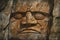 A Petroglyph depicting the face of a mysterious creature carved into a rockface.. AI generation