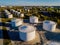 Petrol industrial zone. Aerial view of round tanks