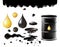 Petrol symbols vector illustration, oil black realistic black metal barrel with golden drop, petroleum industry objects