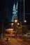 Petronas building in the night with road and running cars in Kuala Lumpur, Malaysia