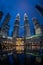 Petronas twin towers panorama with illuminated christmas decoration in Kuala Lumpur Malaysia