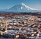 Petropavlovsk-Kamchatsky cityscape and Koryaksky volcano