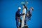 Petropavlovsk, Kazakhstan - 05.26.2015 : Power plant workers train to climb with a dummy on the poles of the power line