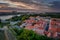 Petrovaradin city in Serbia, rooftop view sunset. Beautiful sky. Travel to the Balkan countries