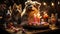 Pets\\\' birthday. Cats and dogs sit near a birthday cake with candles