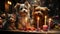 Pets\\\' birthday. Cats and dogs sit near a birthday cake with candles