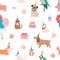 Pets birthday party seamless pattern with cute dogs, cats, hamster and parrot - flat vector illustration.