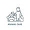 Pets care,dog with woman,animal care vector line icon, linear concept, outline sign, symbol