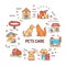 Pets care web banner. Services for domestic animals. Infographics with linear icons on white background. Creative idea concept.