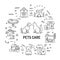Pets care web banner. Services for domestic animals. Infographics with linear icons on white background. Creative idea concept.