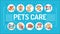 Pets care word lettering typography. Services for domestic animals. Infographics with linear icons on blue background. Creative