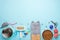 Pets and cute animals, pets, cute cats, food and accessories for cat`s life, Flat lay, space for a dresser, on a blue background.
