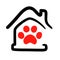 Pets home logo Isolated vector. Animal paw in outline house illustration. Zoo hotel graphic emblem. Dog sitter abstract