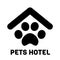 Pets hotel black logo with text isolated on white background. Glyph symbol animal house vector icon. Outline Paw sign