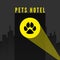 Pets hotel. Trail of dogs paw in spotlight on city background. Logo for pet hotel. vector