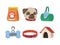 pets icon set, dog food collar bone and house flat style