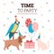 Pets party banner or invitation card design, flat cartoon vector illustration.
