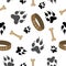 Pets paw pattern. Bones, dog collar and animal footsteps seamless texture. Pet store vector background.