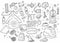 Pets shop doodle set. Collection of hand drawn sketches templates patterns of bird cages dogs food and collars cat litters and