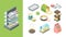 Pets shop. Products for animals balls toys food dogs cats fishes items vector isometric collection