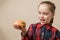 Petty Little Girl eating burger, following fastfood - Image