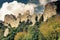 Peyrepertuse cathar castle ruins nested in the mountain range, Aude, France