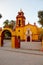 Peña de Bernal in Queretaro Mexico in the center The Temple of San Sebastian is located in the Main Square surrounded by gardens