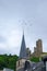 Pfarrkirche church and Lowenburg castle at picturesque Monreal, Eifel region, Germany