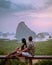 Phangnga Bay Thailand , Samet Nang She viewpoint over the bay, couple honeymoon vacation Thailand watching sunsrise