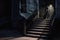 phantom shadow on the steps of a dark, foreboding entrance