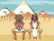 Pharaoh and queen on throne at egyptian pyramids background