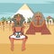 Pharaoh on throne at pyramids and sphinx background