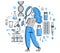 Pharma research to create new drugs, vaccines or other medicine, vector illustration of scientist working in laboratory searching