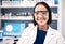 Pharmaceutical, asian and science woman in portrait with technology innovation, research vision and expert knowledge in