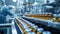 Pharmaceutical facility with automated production line of vaccines and liquid medicines. Row of sterile vaccine vials on
