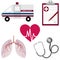 Pharmaceutical medications. Ambulance, cardiogram, lungs on a white background