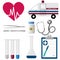 Pharmaceutical medications. Ambulance, cardiogram, scalpel on a white background