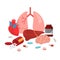 Pharmaceuticals medicaments for various organs of human body treatment illustration. Heart, lungs, liver, brain. Pills